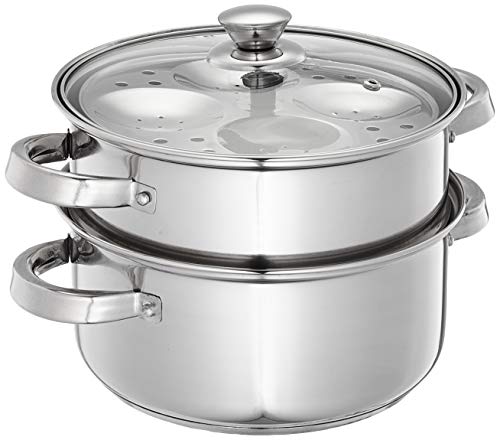 Image 1 of 2 Tier, 3L for the product Solimo - Stainless Steel 2 Tier â Steamer / Idli Cum Modak Maker With Glass Lid- 20 Cm | 3 Liters | Induction Base | Silver