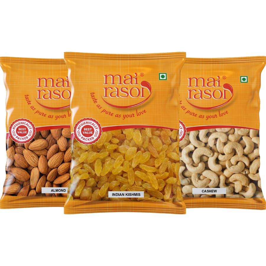 Image 1 of Pack of 1 for the product MAI RASOI Dry Fruits Combo pack of 3 - California Almonds, Raisins/Kishmish & Cashews, Total 600 Gm - Badam, Indian kismis and Kaju