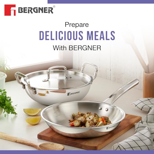 Image 5 of BERGNER Tripro Triply Stainless Steel Cook Serve N Keep 5 Pcs Cookware Set - 24cm (3L) Kadai with Lid, 22cm (1.5L) Frypan, 16cm (2L) Tope with Lid
