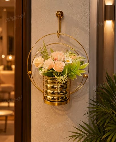 Image 4 of Divyakosh Artificial Flower Vase, Metal Golden Ring with Pre Fixed Flowers, Gift Item, Showpiece | Home Decoration Items for Living Room | Aesthetic Home Decor, Vase for Home Decor'