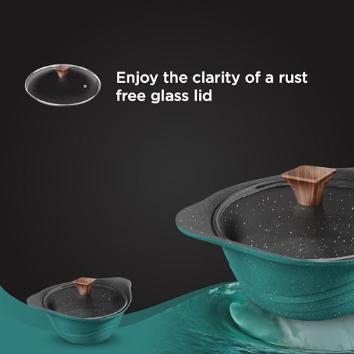 Image 4 of Preethi Artistic Collection Die Cast Non Stick Kadai, 24 cm,with Glass Lid, 5 Star Non Stick Effect, Cook & Serve, Ocean Green