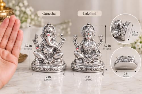 Image 2 of Gold Art India Lakshmi Ganesha Idol 999 Silver Plated | Laxmi Ganesh Ji Murti for Diwali Pooja, Home Mandir, Office & Gifting | Ganpati Laxmi Idol Set with Premium Gift Box