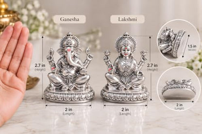Image 2 of Gold Art India Lakshmi Ganesha Idol 999 Silver Plated | Laxmi Ganesh Ji Murti for Diwali Pooja, Home Mandir, Office & Gifting | Ganpati Laxmi Idol Set with Premium Gift Box