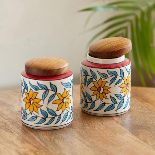 Image 1 of Default Title for the product ExclusiveLane Persian Floral Multi Utility Storage Ceramic Jars with Wooden Lid Set of 2 600 ml