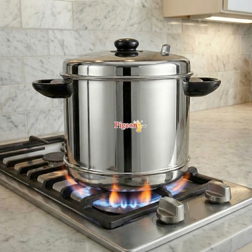 Image 5 of Pigeon Classic Stainless Steel Idli Cooker with Whistle Indicator | Idly Cooker Pot | Steel Idli Maker with Silver Lid - 6 Plates (for 24 Idlies)