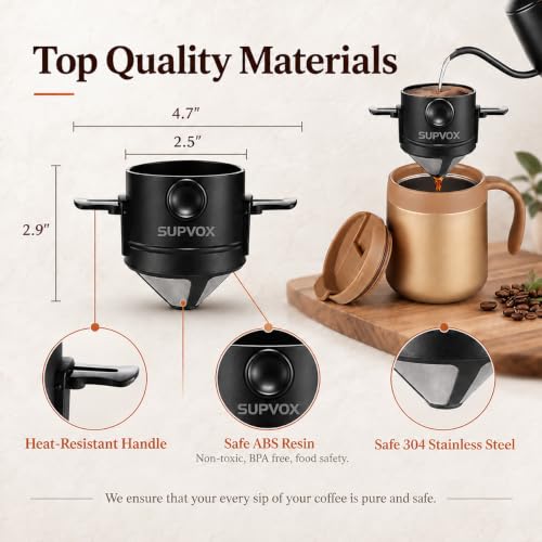 Image 3 of HASTHIP Filter Coffee Maker Food Grade Stainless Steel & Plastic Coffee Dripper Double Mesh Pour Over Coffee Filter 100% Paperless Maker Foldable to Fit Most Cup Keep Coffee Flavour