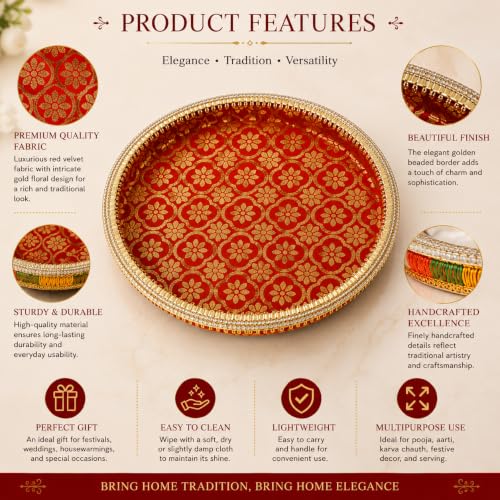 Image 6 of Pure Source India Traditional Banarasi Floral Brocade Design Karwa Chauth Pooja Thali Set with Channi, Karwa Lota