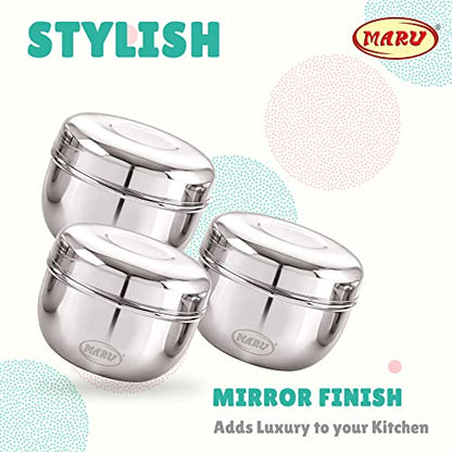 Image 6 of MARU Steel Kitchen Storage Container Set of 3, Apple Shape Stainless Steel Dabba with Lids, Heavy Gauge Mirror Finish, Stackable Food Storage Containers for Kitchen & Fridge, 500ml, 750ml, 1200ml