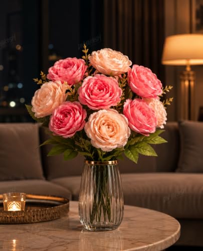 Image 5 of Divyakosh Artificial Flower for Vase (10 Peony Flower Heads), Artificial Flowers Bunch (Vase Not Included), Luxury Floral Centerpiece for Living Room Dining Table Office Decor
