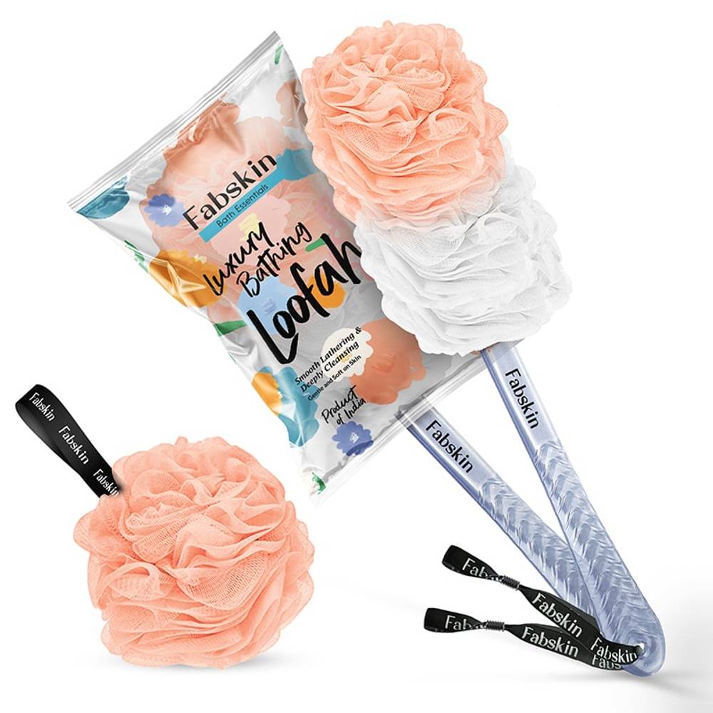 Image 1 of 1 Pc / Pack of 1 for the product Fabskin Loofah Duo Pack- Bath Brush With Long Handle & Round Loofah- For Men & Women- Peach & White
