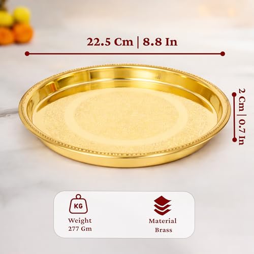Image 4 of Spillbox Brass Pooja Thali For Mandir Traditional Pital Puja Engraved Aarti Thali -9 Inch-Petal Plate