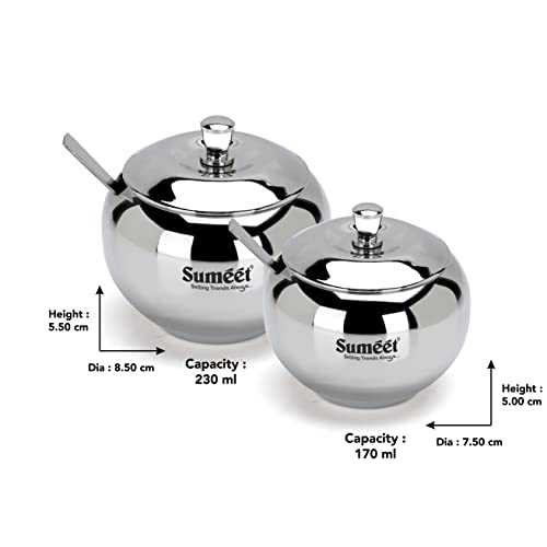 Image 4 of Sumeet Stainless Steel Ghee and Oil Pot, Storage Conrainer with Spoon for Kitchen, 7.5cm & 8.5cm Dia, 170ML & 230ML - Silver (Pack of 2)
