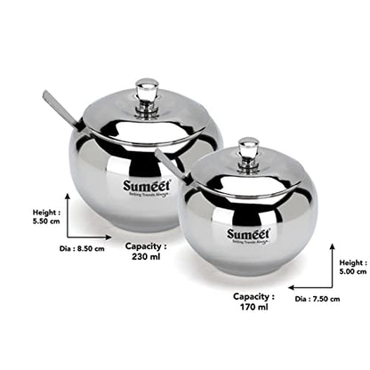 Image 4 of Sumeet Stainless Steel Ghee and Oil Pot, Storage Conrainer with Spoon for Kitchen, 7.5cm & 8.5cm Dia, 170ML & 230ML - Silver (Pack of 2)