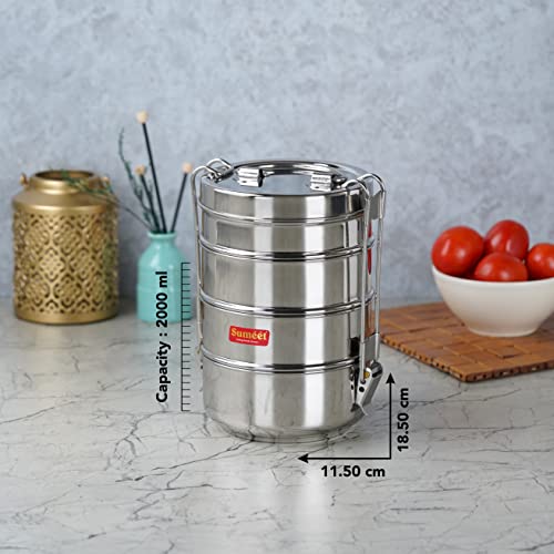 Image 5 of Sumeet Stainless Steel 4 Compartment Lunch Box/Tiffin with Lid and Handle, 11.5Cm Dia, (2000ML, Silver)