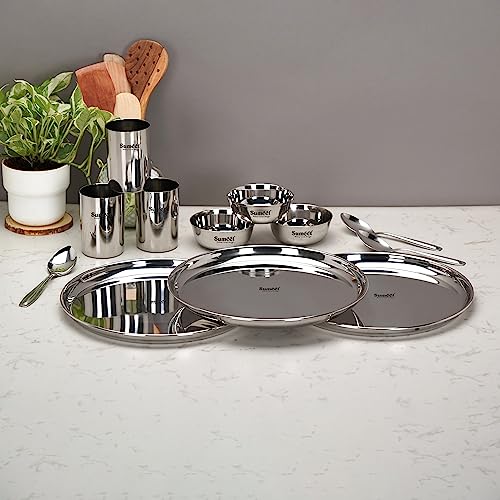 Image 1 of Default Title for the product Sumeet Stainless Steel Heavy Gauge Mirror Finish Dinner Solid Set of 12 Pcs (3 Plate, 3 Bowl/Wati, 3 Glass, 3 Spoon), Silver