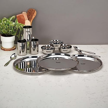 Image 1 of Default Title for the product Sumeet Stainless Steel Heavy Gauge Mirror Finish Dinner Solid Set of 12 Pcs (3 Plate, 3 Bowl/Wati, 3 Glass, 3 Spoon), Silver