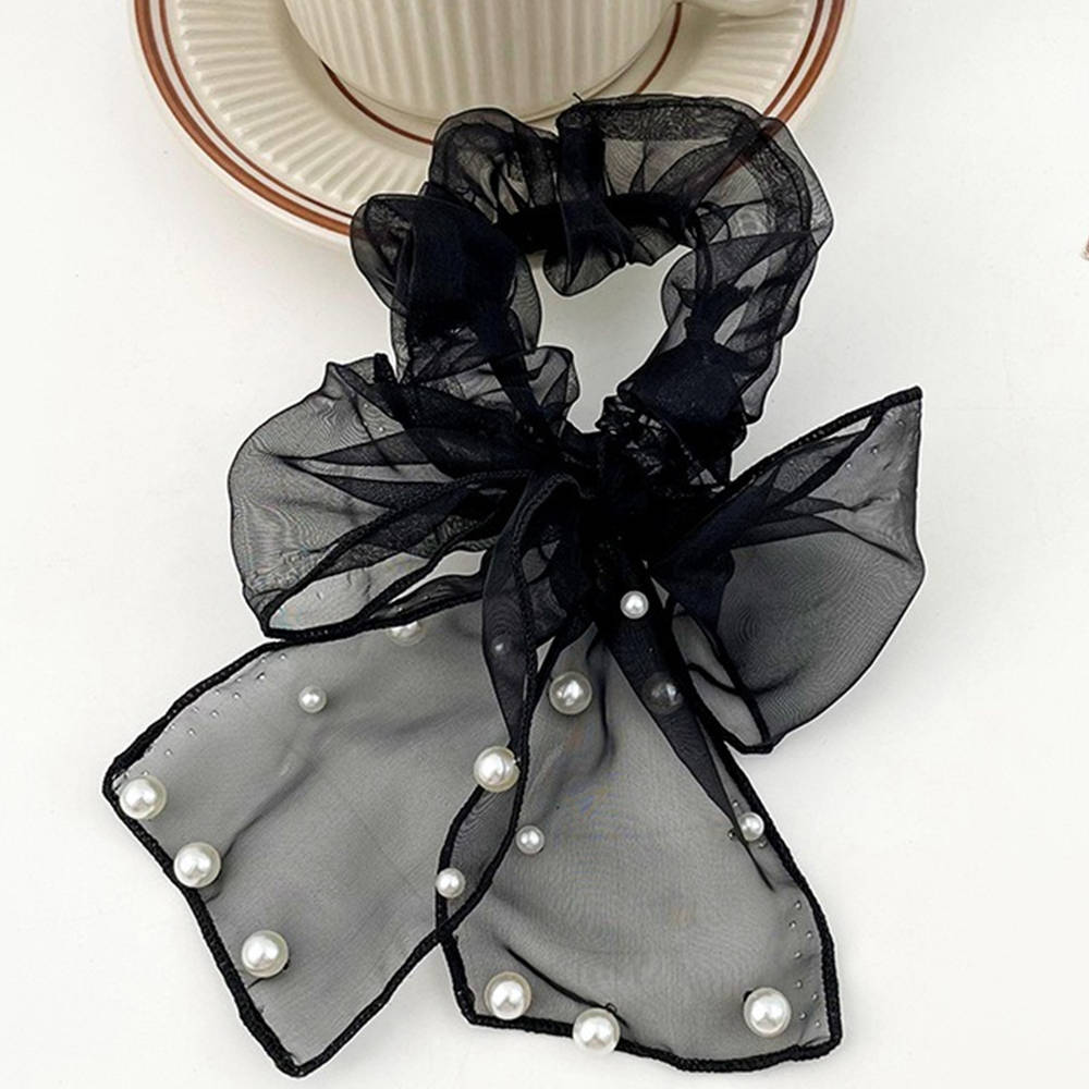 Image 5 of Majestique Pearl Bow Scrunchies Net Ponytail Holder, Stretchable Rubber Band Hair Accessories -1 Pc
