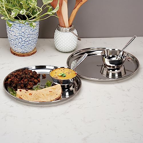 Image 3 of Sumeet plain Stainless Steel Heavy Gauge Mirror Finish Dinner set of 6 Pcs (2 Plate, 2 Bowl/Wati, 2 Spoon), Silver