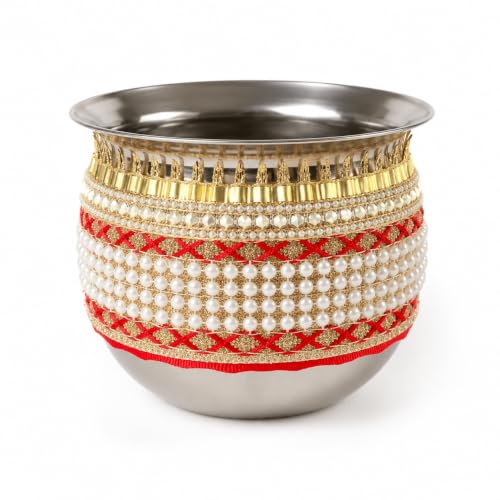 Image 3 of Pure Source India Handmade White Bead Embellished Karwa Chauth Pooja Thali Set, Steel Channi (Sieve), Karwa Lota