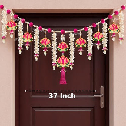 Image 4 of Divyakosh Wooden MDF Lotus Handmade Door Bandarwal Toran (Both Side Lotus) -Diwali Ganesh Pooja New Year Inauguration Wedding Festival Home Decor, 37Inches