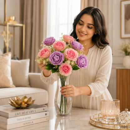 Image 6 of Divyakosh Artificial Flowers Bunch (Vase Not Included). Artificial Flower for Vase Flower Bouquet Gift Lavender & Coral Peach Peony Bouquet for Living Room Office Dining Table Centerpiece