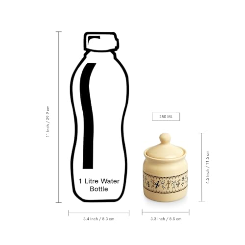 Image 7 of ExclusiveLane Art Of Warli Ceramic Pickle Jars With Wooden Holder Set of 3, 280 ml