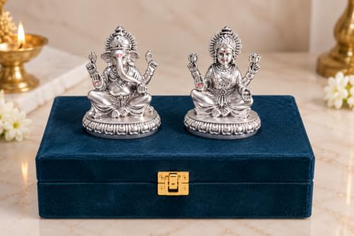 Image 4 of Gold Art India Lakshmi Ganesha Idol 999 Silver Plated | Laxmi Ganesh Ji Murti for Diwali Pooja, Home Mandir, Office & Gifting | Ganpati Laxmi Idol Set with Premium Gift Box