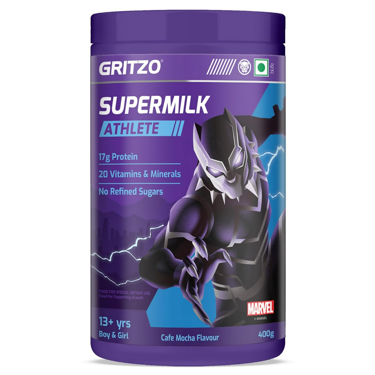 Image 1 of 400 gm for the product Gritzo SuperMilk Athlete Black Panther (13+y Boy & Girl), 17g Protein Powder (Cafe Mocha)