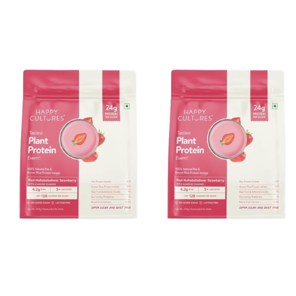 Image 1 of 505 gm / Pack of 2 for the product Happy Cultures 24g Tastiest Plant Protein Mahabaleshwar Strawberry & Almond Chunk