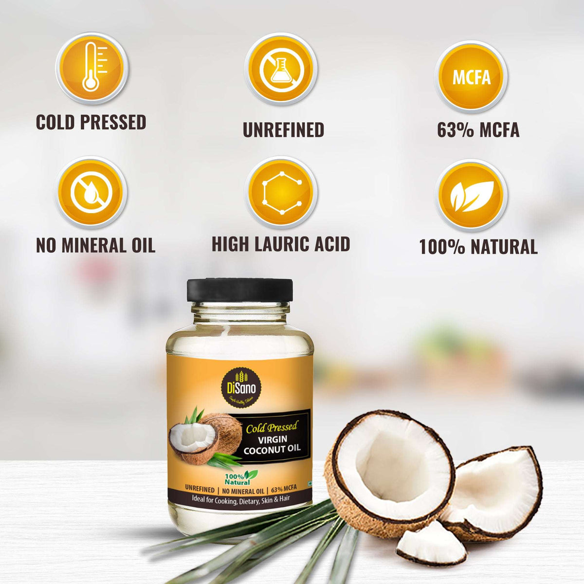 Image 4 of Disano Cold Pressed Virgin Coconut Oil Bottle, Glass Bottle, 500ml
