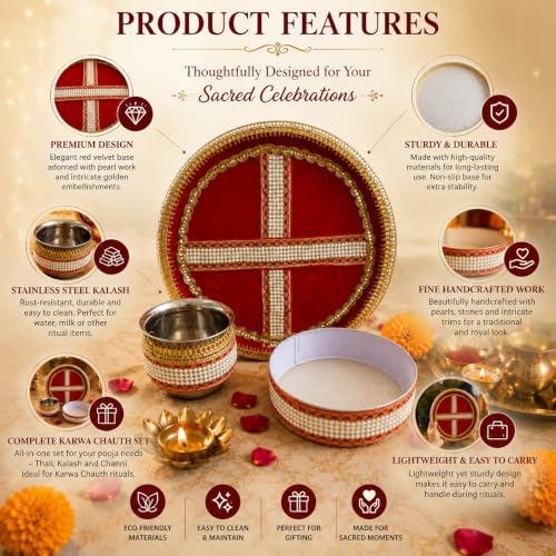Image 5 of Pure Source India Handmade White Bead Embellished Karwa Chauth Pooja Thali Set, Steel Channi (Sieve), Karwa Lota