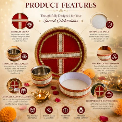 Image 5 of Pure Source India Handmade White Bead Embellished Karwa Chauth Pooja Thali Set, Steel Channi (Sieve), Karwa Lota