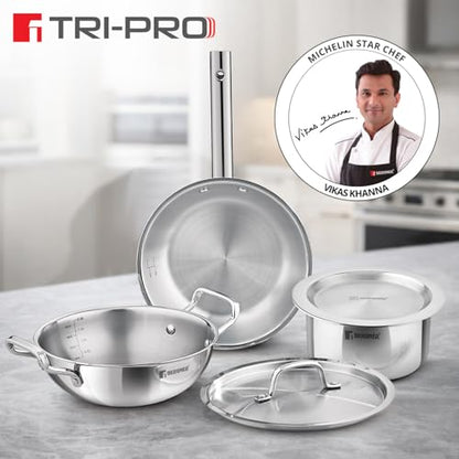 Image 3 of BERGNER Bergner Tripro Triply Cookware Set 5 Pcs - 22cm (2.3L) Kadai with Lid, 22cm Frypan, 16cm (1.8L) Tope with Lid