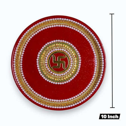 Image 4 of RIA Studio Traditional Swastik Pooja Thali Set Stainless Steel Prayer Plate with Kundan Decoration 5-Piece Hindu Worship Kit (Red, 10 Inch)