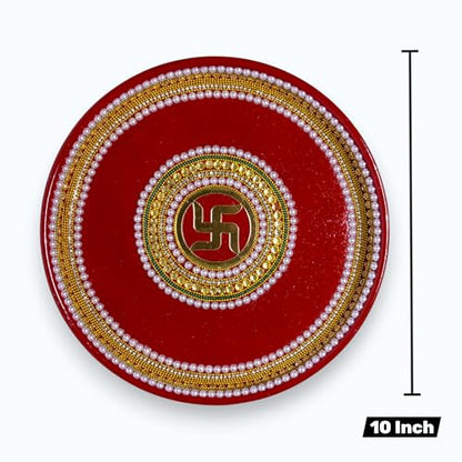 Image 4 of RIA Studio Traditional Swastik Pooja Thali Set Stainless Steel Prayer Plate with Kundan Decoration 5-Piece Hindu Worship Kit (Red, 10 Inch)