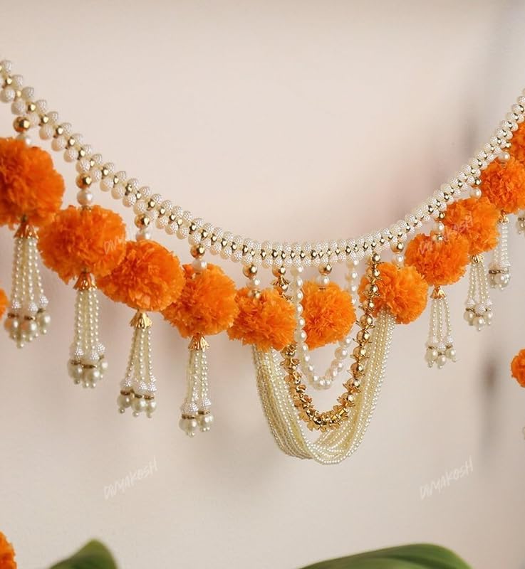 Image 3 of Divyakosh Fabric Marigold Flower With Moti Toran, Bandarwal Door Hanging, 94 Cm