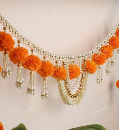 Image 3 of Divyakosh Fabric Marigold Flower With Moti Toran, Bandarwal Door Hanging, 94 Cm