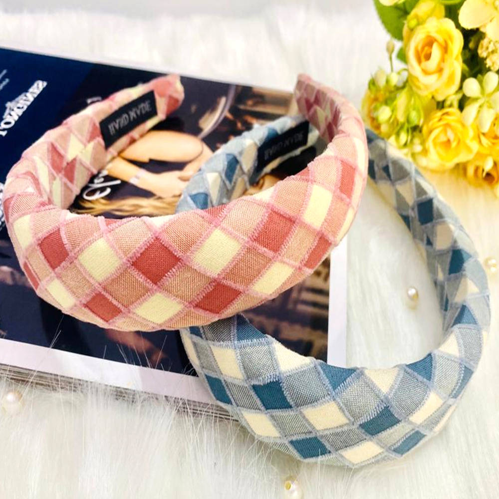 Image 1 of 2 pcs for the product Majestique Padded Check Printed Wide Headbands Vintage Hair Accessories - 2 Pcs