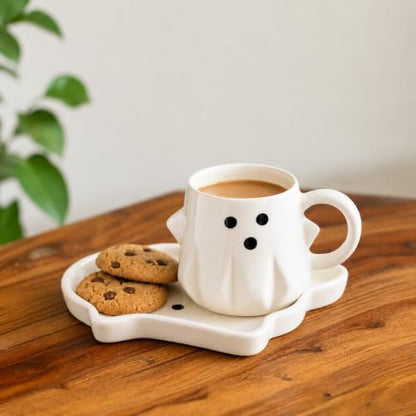 Image 1 of Default Title for the product ExclusiveLane 'Ghost Spark' Hand Painted Ceramic Tea Cup with Saucer Ceramic Coffee Cups Chai Tea Cup (Set of 1, 340 ml, Micwave Safe) | Cup and Saucer Set Cup with Saucer