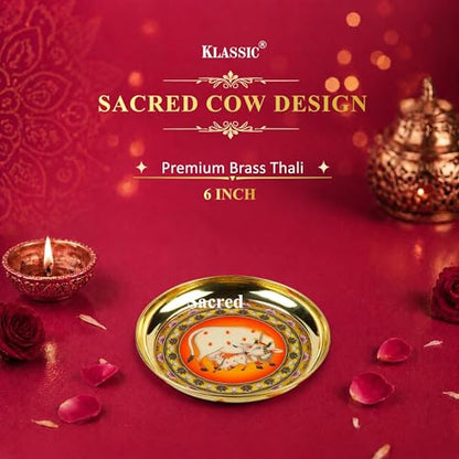 Image 5 of Klassic 6 Inch Handcrafted Brass Thali/Aarti Plate | Cow Design, Medium(Pack Of 1, Golden)