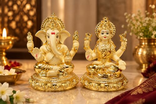 Image 7 of Gold Art India Laxmi Ganesh Gold Plated Off White Terracotta Idol for Home Decor 3.7" Inch