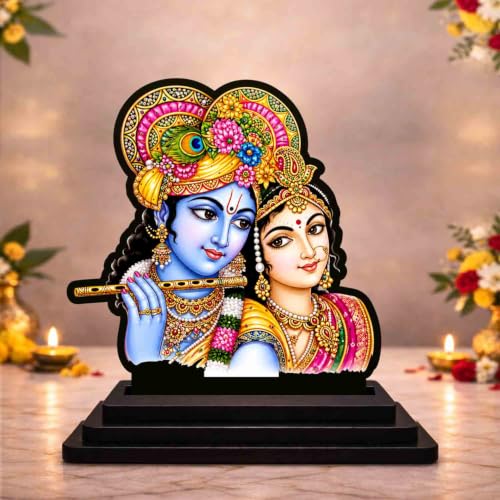 Image 1 of Default Title for the product Radha Krishna Face Wooden MDF Printed Idol with Stand, 4 x 5 Inch, Pooja Room Decor, Home Temple Mandir Decoration, Religious Gift