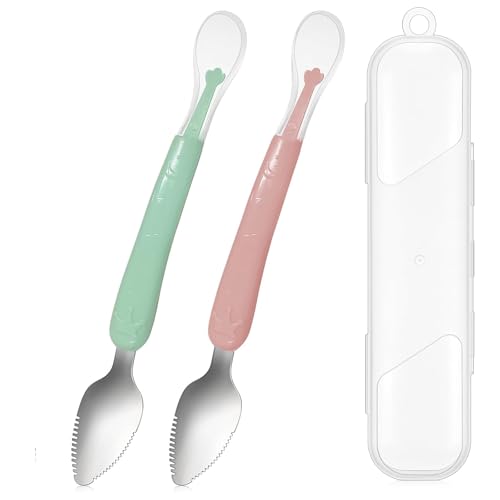 Image 1 of Default Title for the product TONY STARK Baby Double Side Head 2 in 1 Silicone Food Spoon with Stainless Steel Fruit Scraper and Travel Case