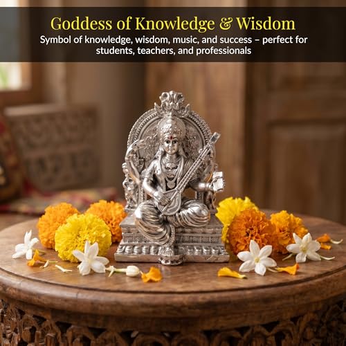 Image 4 of Dev Aastha 999 Silver Plated Saraswati Idol for Pooja Room - 3.7 Inch