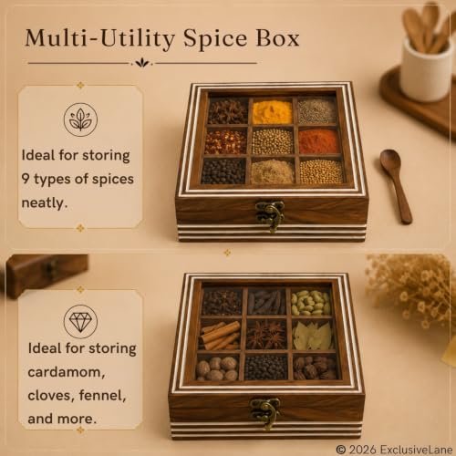 Image 3 of ExclusiveLane Sheesham Wooden Spice Box for Kitchen with Spoon (9 Non-Detachable Compartments, Each Compartments : 80 gram)