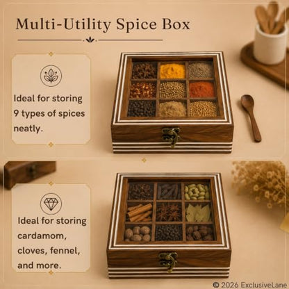 Image 3 of ExclusiveLane Sheesham Wooden Spice Box for Kitchen with Spoon (9 Non-Detachable Compartments, Each Compartments : 80 gram)