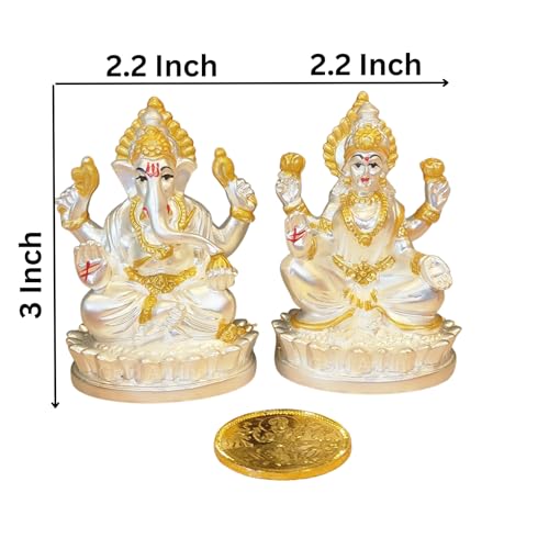 Image 4 of Gold Art India Oval Kamal Laxmi Ganesha Silver Matte Idol for Home with Golden Jewelry and Gold Plated Coin 3" Inch