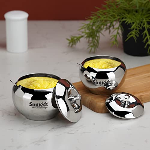 Image 3 of Sumeet Stainless Steel Ghee and Oil Pot, Storage Conrainer with Spoon for Kitchen, 7.5cm & 8.5cm Dia, 170ML & 230ML - Silver (Pack of 2)