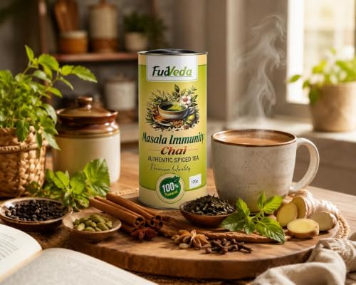 Image 2 of FudVeda Premium Natural Loose Leaf Tea | Authentic Tea Blend | Rich Aroma & Smooth Taste | Hygienically Packed | Daily Refreshment (Masala Immunity Chai, Pack of 2)