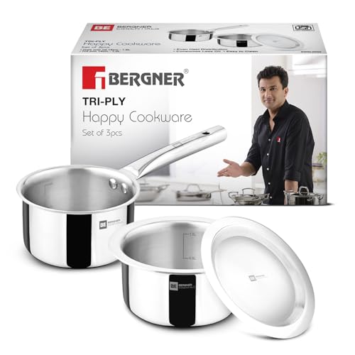 Image 1 of Default Title for the product BERGNER TriPro Triply 3 Pcs Stainless Steel Cookware Happy Set - Tope with Lid 16cm (1.5L) and Teapan 14cm (1L)